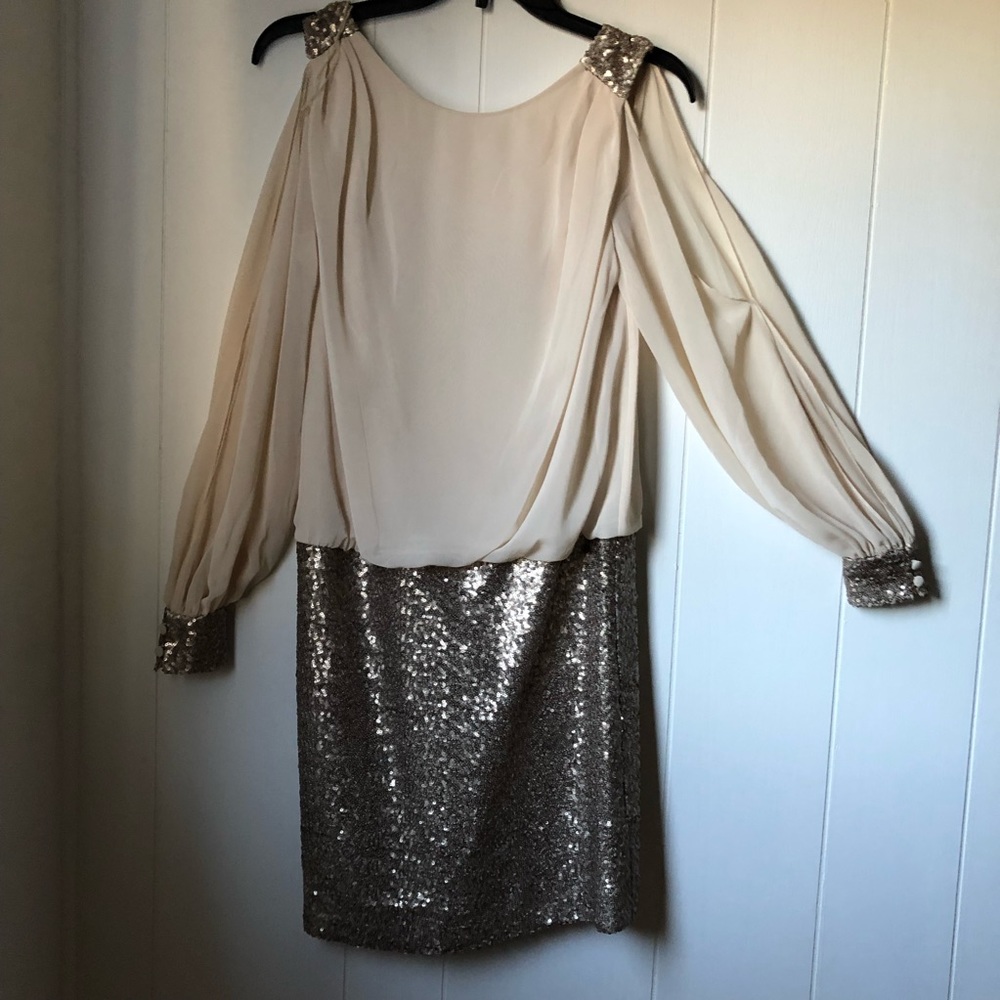 Caché Nude Cream Rose Gold-Bronze Sequin Dress